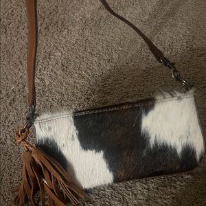 Cowhide Crossbody Bag with Tassel - Brown, Black & White